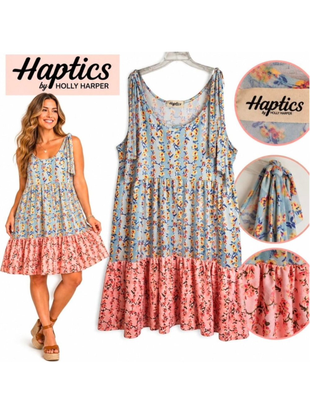 Haptics by Holly Harper Floral Cottagecore Tiered Dress Tie Shoulder Size Medium